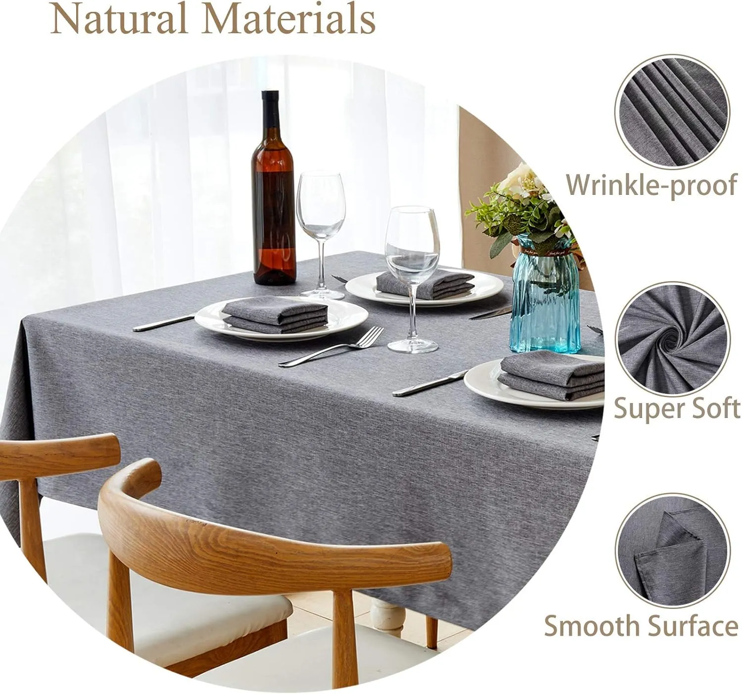 Mebakuk Rectangle Table Cloth Linen Farmhouse Tablecloth Waterproof Anti-Shrink Soft and Wrinkle Resistant Decorative Fabric Table Cover for Kitchen (Dark Grey, 60" x 104" (8-10 Seats))