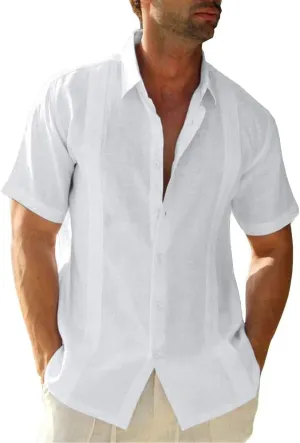Mens Casual Linen Cotton Button Down Short Sleeve Shirts Cuban Camp Guayabera Beach Tops