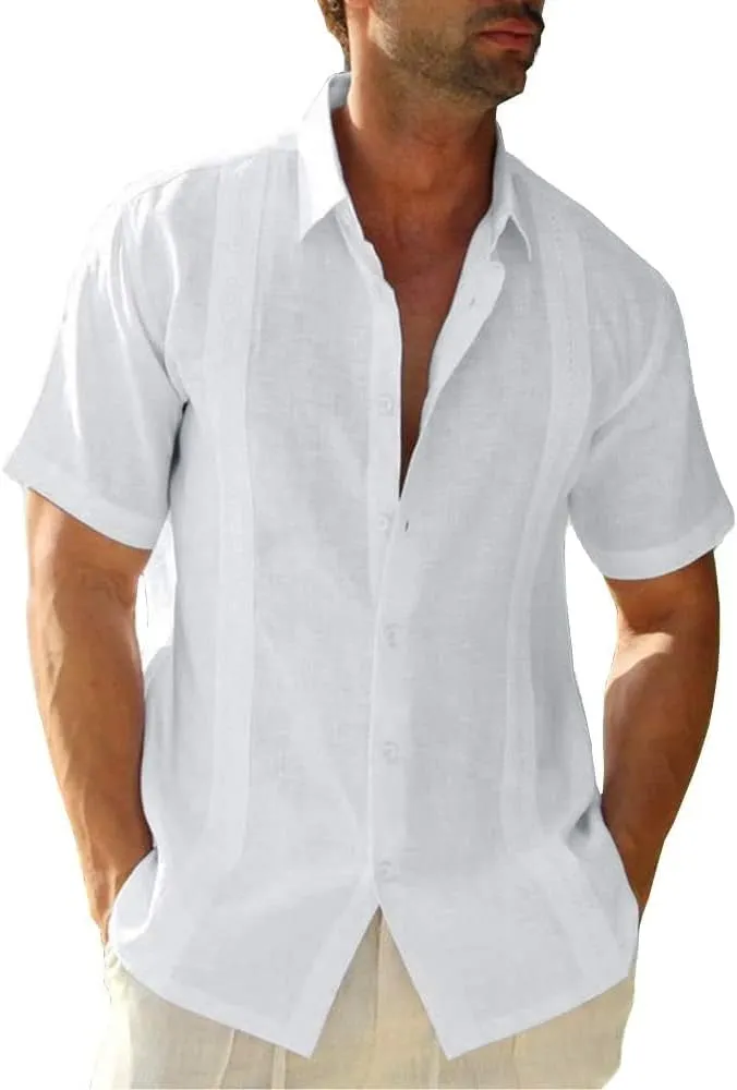 Mens Casual Linen Cotton Button Down Short Sleeve Shirts Cuban Camp Guayabera Beach Tops