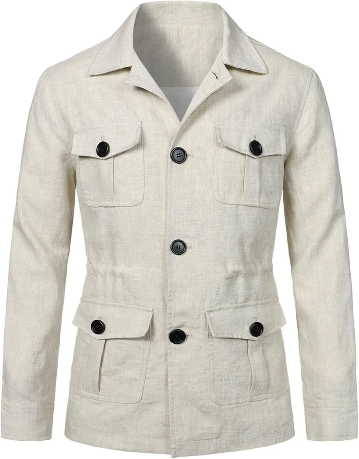 Mens Field Jacket Casual Cotton Linen Lightweight Safari Shirts with Pockets Utility Military Button Down Work Coats