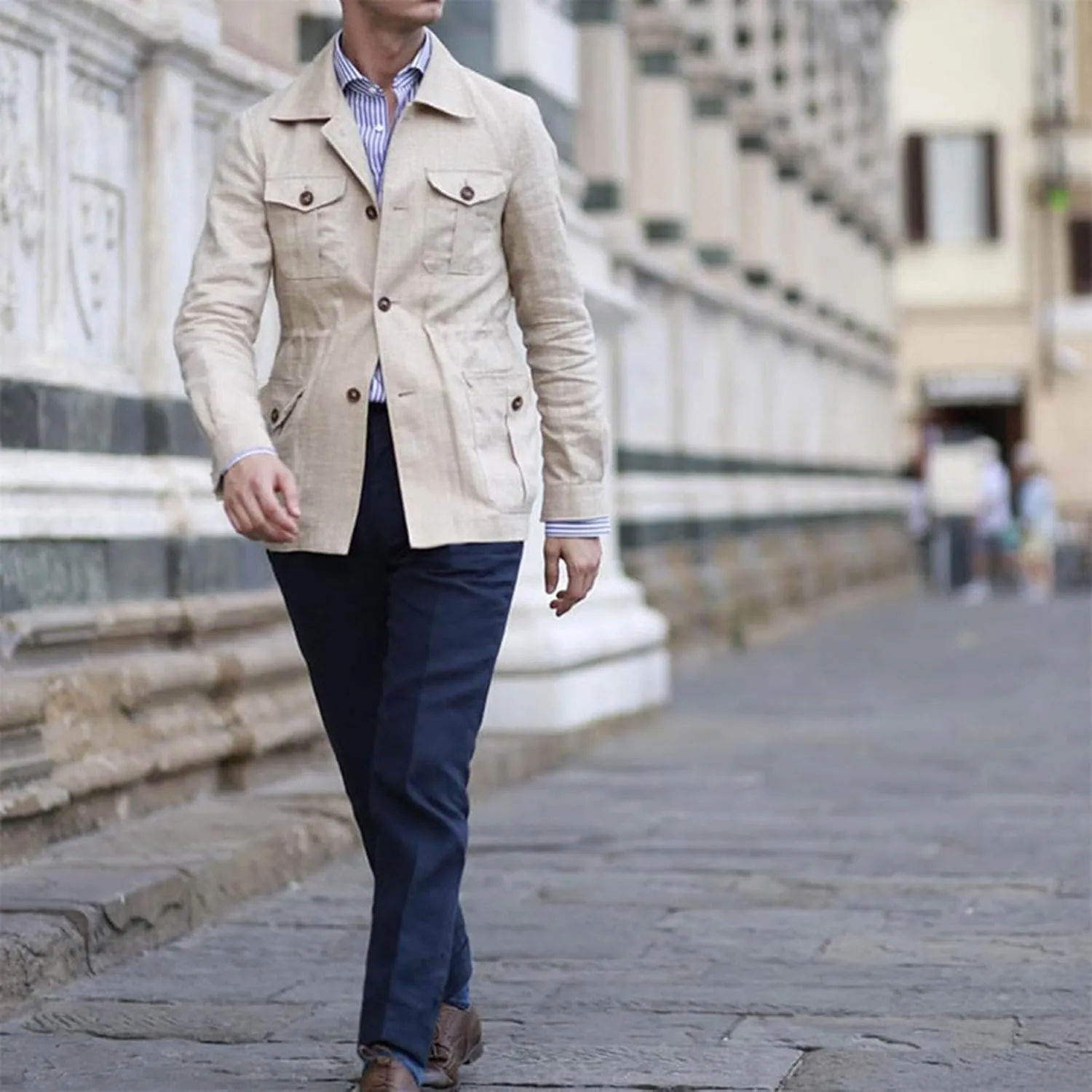 Mens Field Jacket Casual Cotton Linen Lightweight Safari Shirts with Pockets Utility Military Button Down Work Coats