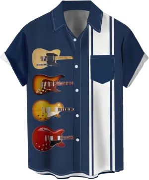 Men's Vintage Bowling Shirt 1950s Retro Rockabilly Style Short Sleeve Button Down Music Hawaiian Shirts