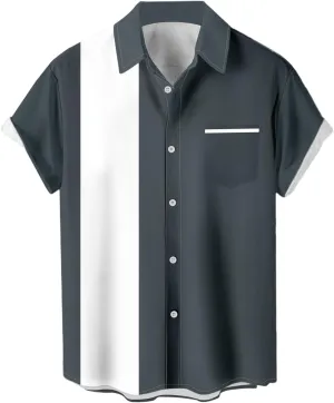 Men's Vintage Bowling Shirts 1950s Casual Short Sleeve Button Up Contrast Shirt Summer Color Block Cuban Shirts