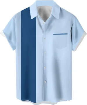 Men's Vintage Bowling Shirts 1950s Casual Short Sleeve Button Up Contrast Shirt Summer Color Block Cuban Shirts