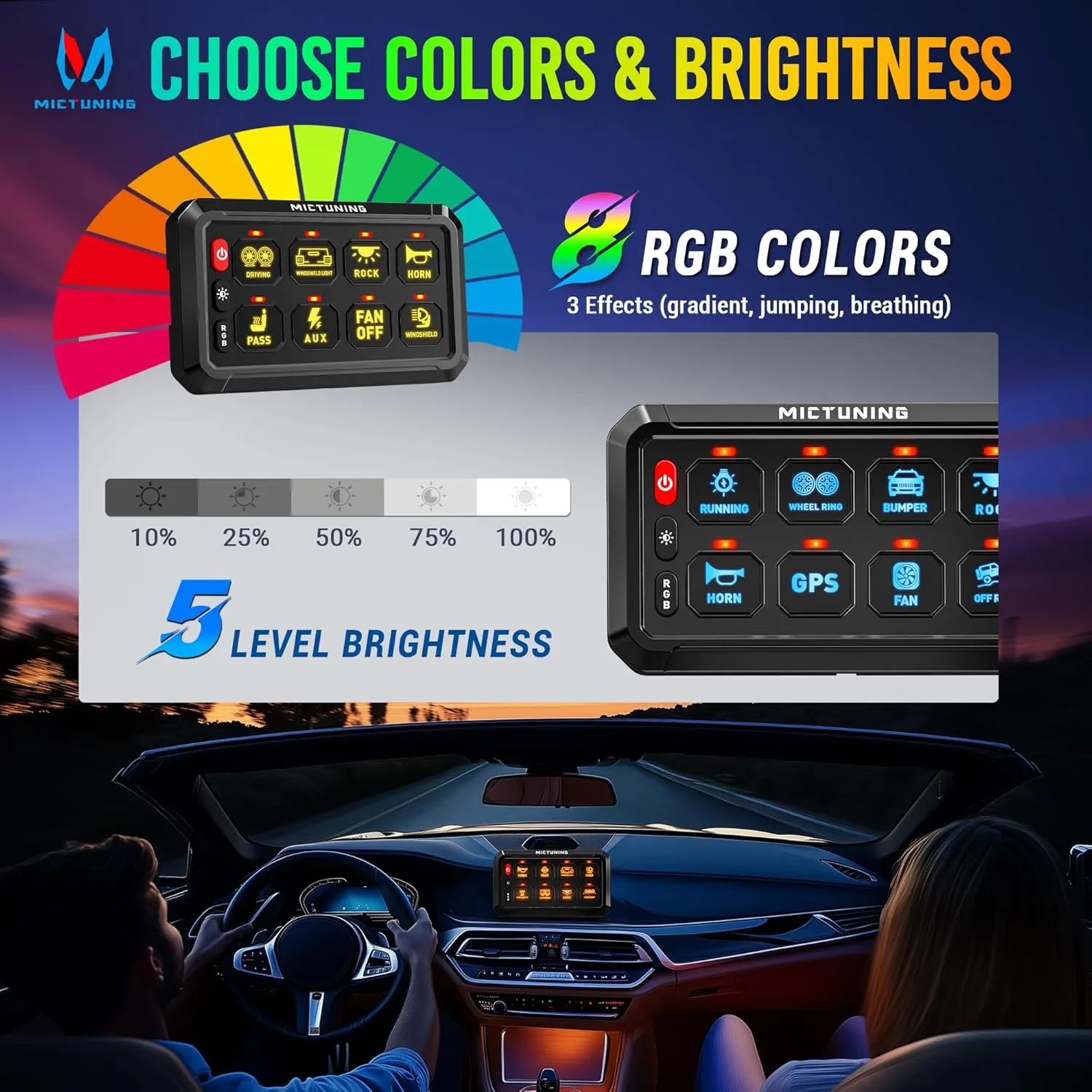 MICTUNING 8 Gang RGB Switch Panel P1s-R, Universal Circuit Control Relay System Box with Adjustable Brightness On-Off Toggle Switch Momentary Pod Touch for Car Truck SUV ATV Boat