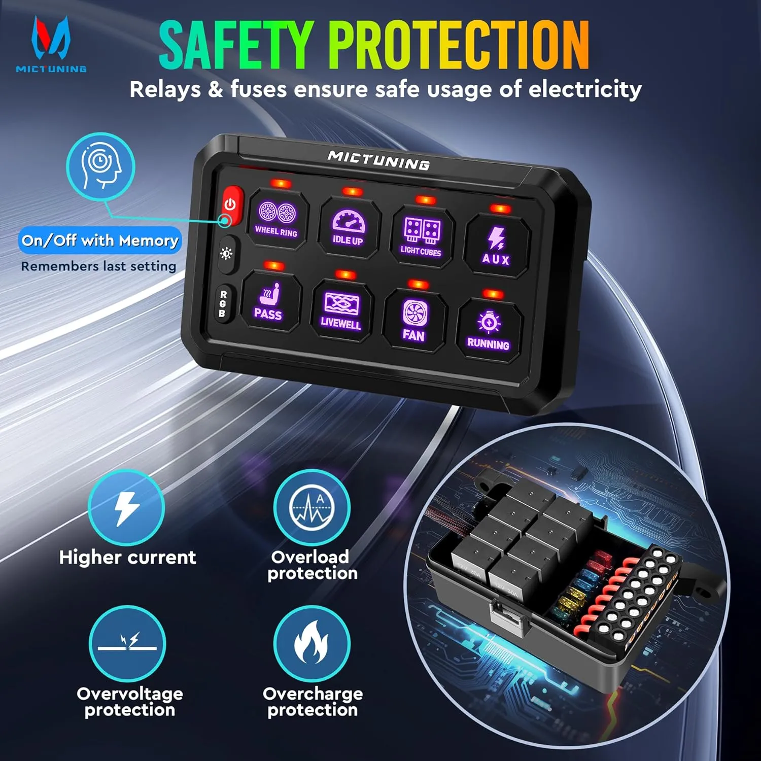 MICTUNING 8 Gang RGB Switch Panel P1s-R, Universal Circuit Control Relay System Box with Adjustable Brightness On-Off Toggle Switch Momentary Pod Touch for Car Truck SUV ATV Boat