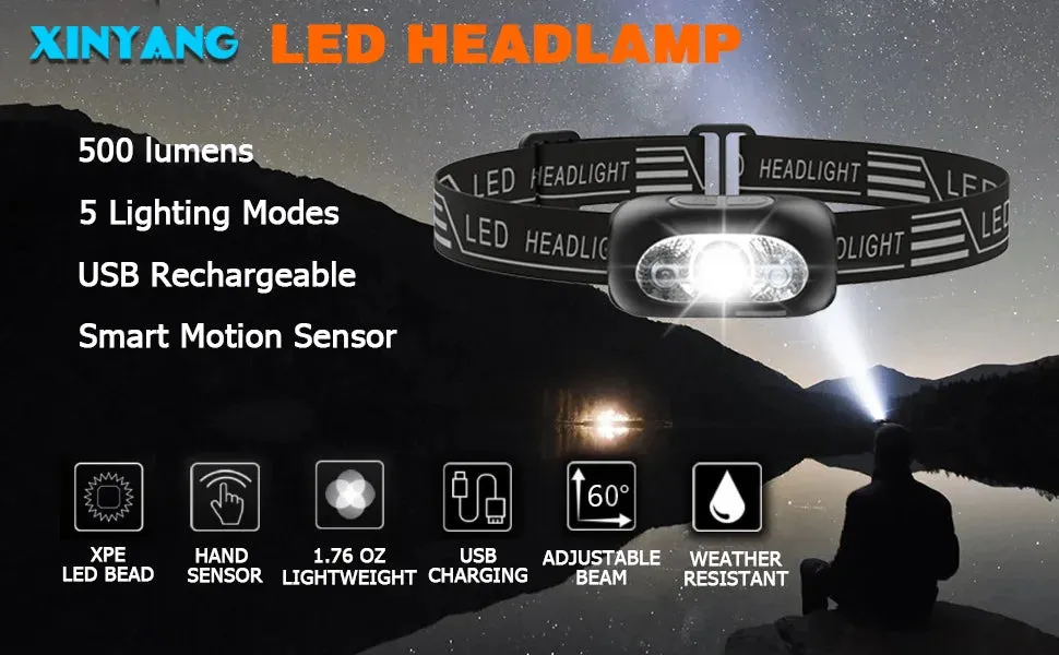 Mini Rechargeable LED Sensor Headlamp USB Flashlight Torch for Camping & Hiking