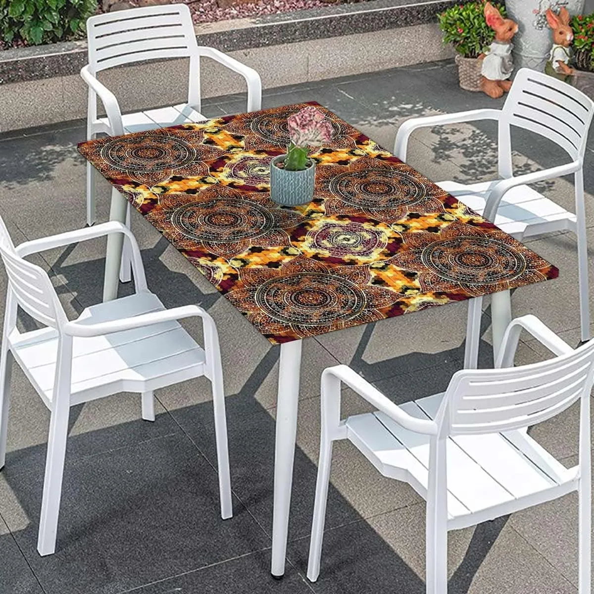 Multicolor Elastic Fitted Tablecloths, Floral Oriental Pattern on Geometric Wooden Boards Oil Proof Waterproof Tablecloth for Picnic Party Antique Design Fits up 4 Foot Tables