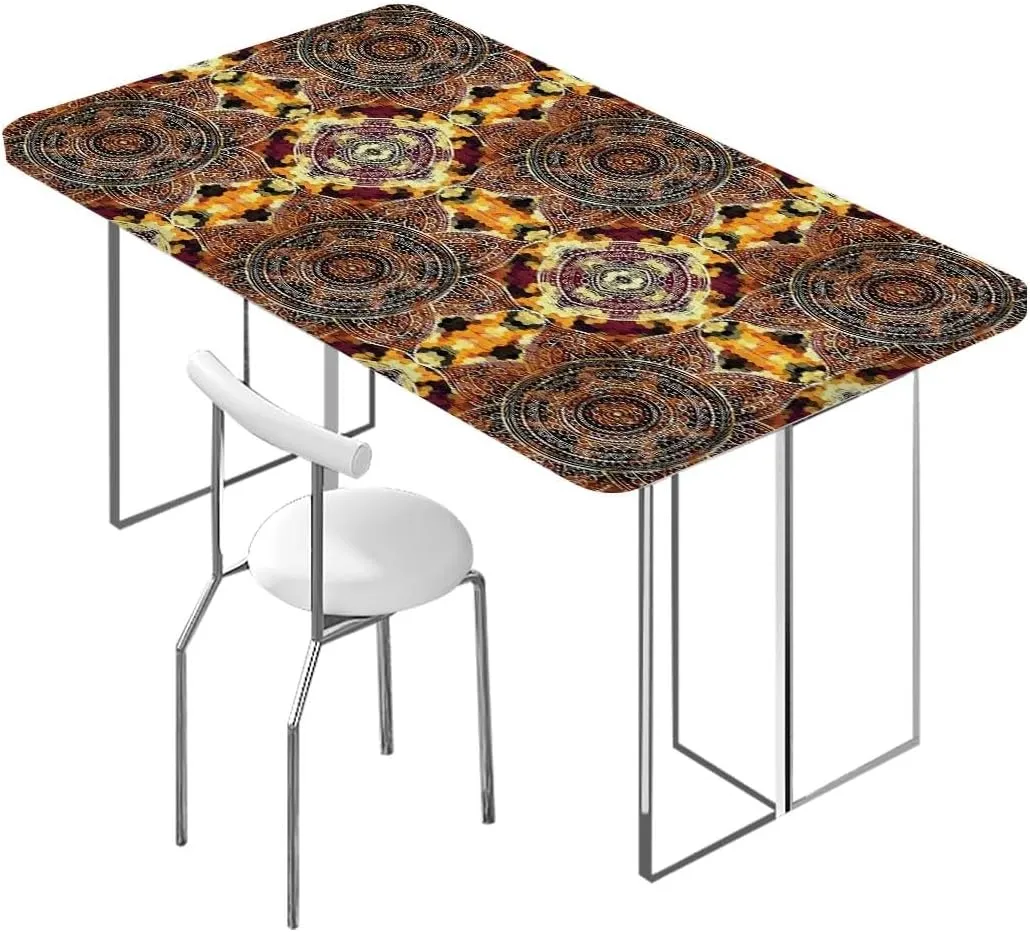 Multicolor Elastic Fitted Tablecloths, Floral Oriental Pattern on Geometric Wooden Boards Oil Proof Waterproof Tablecloth for Picnic Party Antique Design Fits up 4 Foot Tables