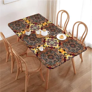 Multicolor Elastic Fitted Tablecloths, Floral Oriental Pattern on Geometric Wooden Boards Oil Proof Waterproof Tablecloth for Picnic Party Antique Design Fits up 4 Foot Tables