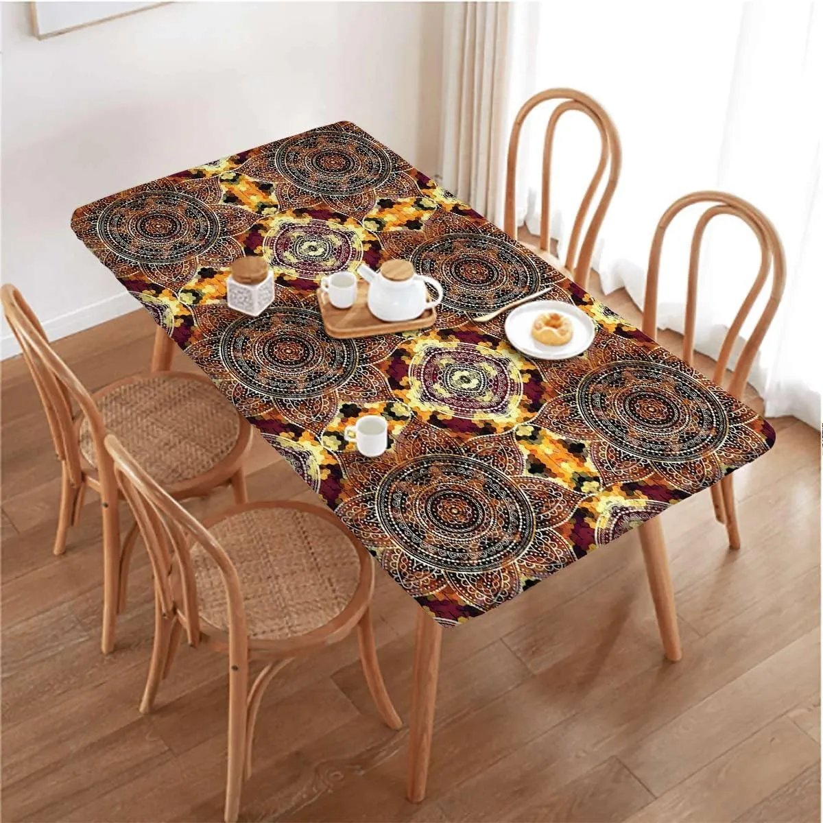 Multicolor Elastic Fitted Tablecloths, Floral Oriental Pattern on Geometric Wooden Boards Oil Proof Waterproof Tablecloth for Picnic Party Antique Design Fits up 4 Foot Tables