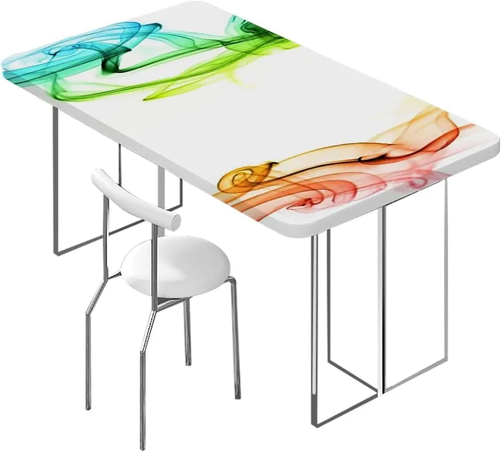 Multicolor Fitted Tablecloth Cover, Modern and Smoke Wavy Like Design Work Polyester Fitted Waterproof Outdoor Tablecloth Protector with Elastic Abstract Fits up 5 Foot Tables