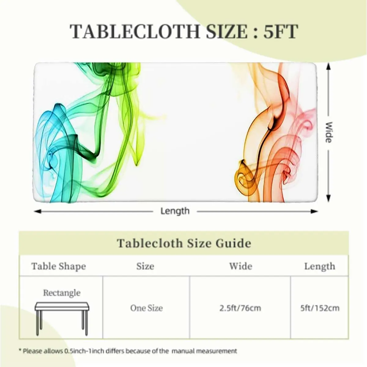 Multicolor Fitted Tablecloth Cover, Modern and Smoke Wavy Like Design Work Polyester Fitted Waterproof Outdoor Tablecloth Protector with Elastic Abstract Fits up 5 Foot Tables