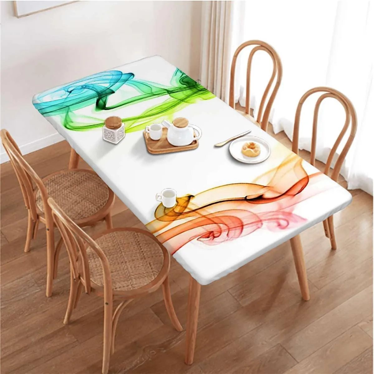 Multicolor Fitted Tablecloth Cover, Modern and Smoke Wavy Like Design Work Polyester Fitted Waterproof Outdoor Tablecloth Protector with Elastic Abstract Fits up 5 Foot Tables