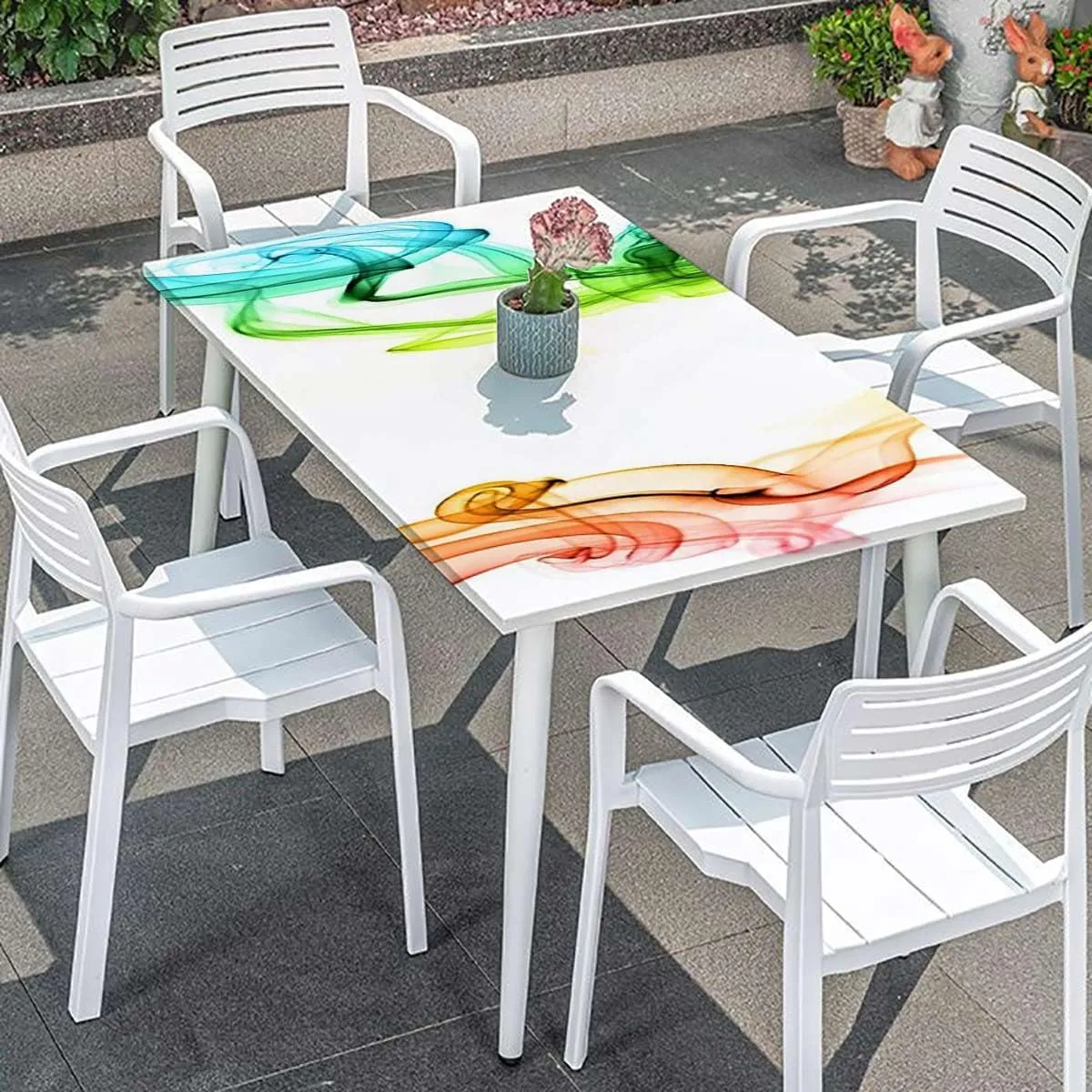 Multicolor Fitted Tablecloth Cover, Modern and Smoke Wavy Like Design Work Polyester Fitted Waterproof Outdoor Tablecloth Protector with Elastic Abstract Fits up 5 Foot Tables