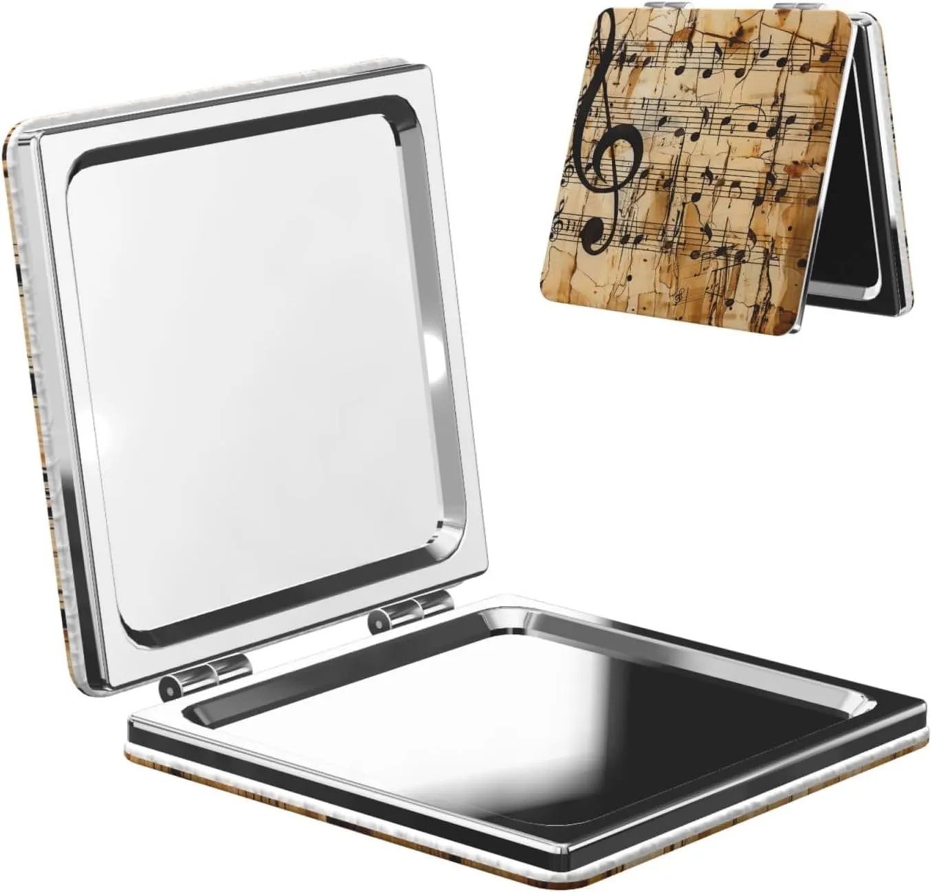 Music Note Print Printed Square Pocket Makeup Mirror with 1X/2X Magnification, Portable Mini Travel Makeup Mirror for Travel Daily Work Beauty