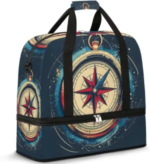Nautical Compass Travel Duffel Bag for Women Men Weekender Overnight Bag with Shoe Compartment Foldable Sports Gym Luggage Bag