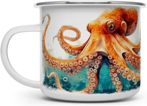 Nautical Octopus Enamel Camp Mug, Nature Ocean Sea Life Campfire Camping Cup, Outdoor Beach Lover Coastal Gifts (16oz)