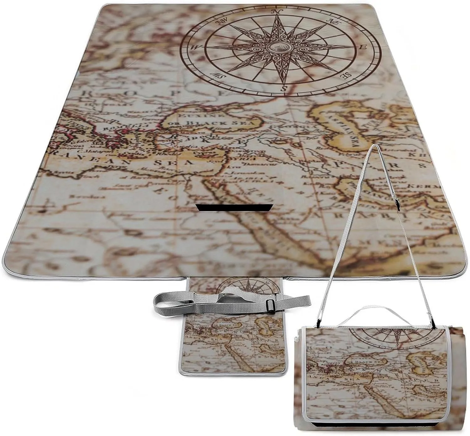 Nautical Sea Map Compass Sailing Ship Waterproof Outdoor Picnic Blanket Sandproof Beach Mat for Camping Hiking Grass Travelling