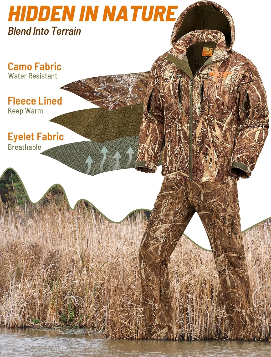 NEW VIEW Camo Hunting Clothes for Men, Quiet Warm Fleece Lining, Cold Weather Deer Hunting Jacket and Pants with Face Mask