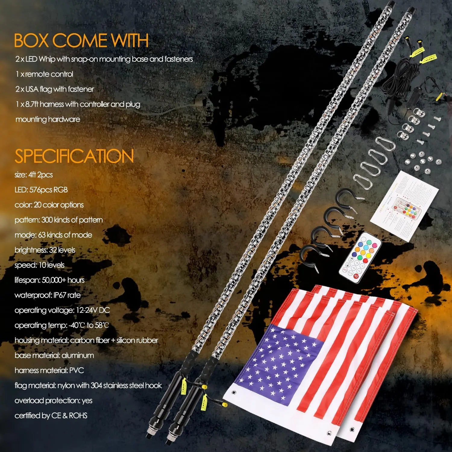 Nirider 2PCS 4ft LED Whip Lights with Flag Pole Remote Control Spiral RGB Chase Light Offroad Warning Lighted Antenna LED Whips for UTV, ATV, Off Road, Truck, Sand, Buggy Dune, RZR, Can-am, Boat