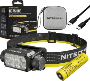 Nitecore HC75 UHE HEADLAMP HC75 UHE Rechargeable E-Focus Spotlight Floodlight Headlamp 192m Beam -3000 Lumens (Upgrade of HC68) w/Battery and Eco Sensa USB-C Charging Cable