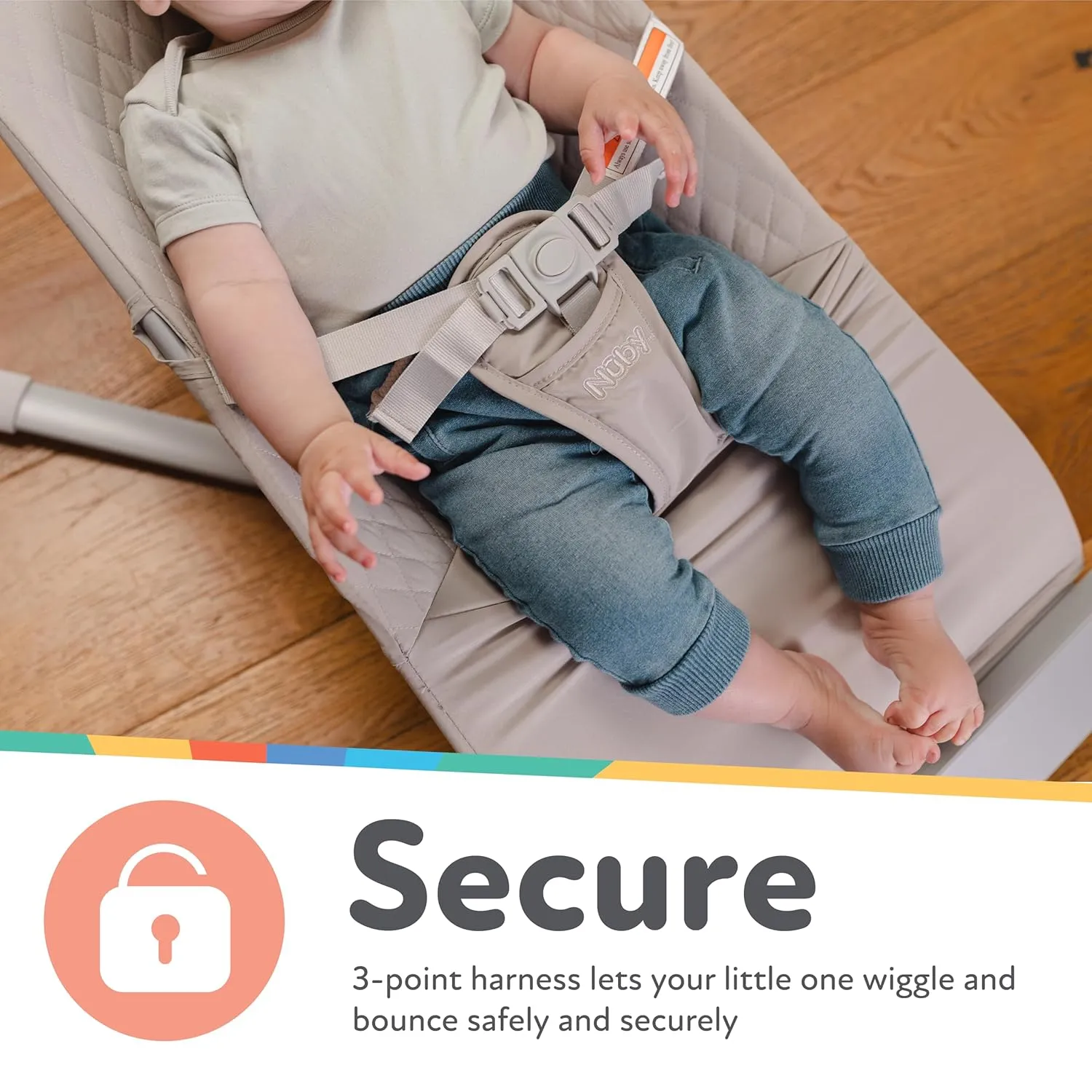 Nuby Baby Bouncer Seat - Portable Infant Bouncer with Music, Fun Sounds, and Soothing Vibrations - 0-6 Months - Beige