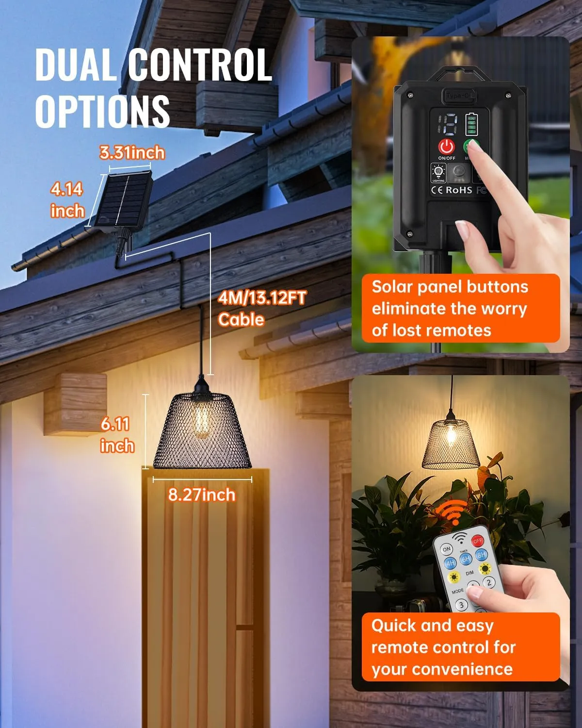 OMED Gazebo Shed Hanging Solar Powered Outdoor Waterproof Rechargeable Dusk to Dawn Indoor Pendant Lights Remote Control Dimmable USB Port LED Camping Lighting for Garage Patio Yard