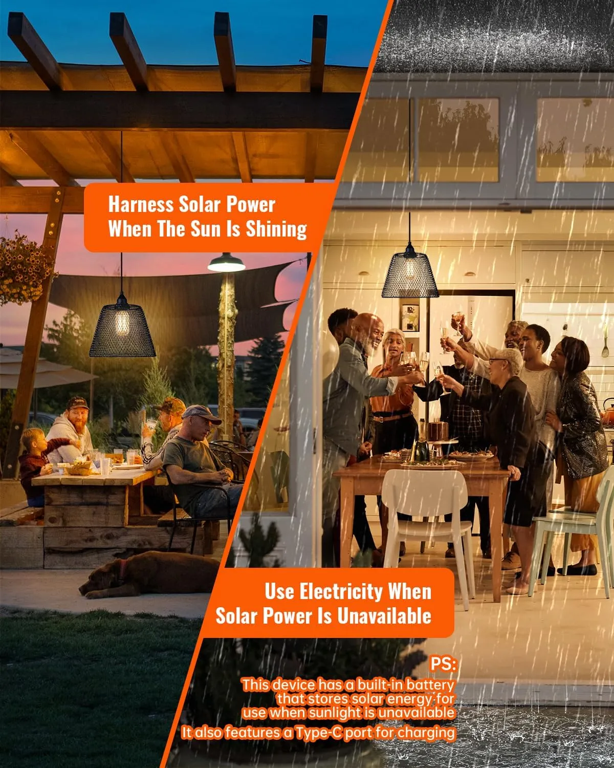 OMED Gazebo Shed Hanging Solar Powered Outdoor Waterproof Rechargeable Dusk to Dawn Indoor Pendant Lights Remote Control Dimmable USB Port LED Camping Lighting for Garage Patio Yard