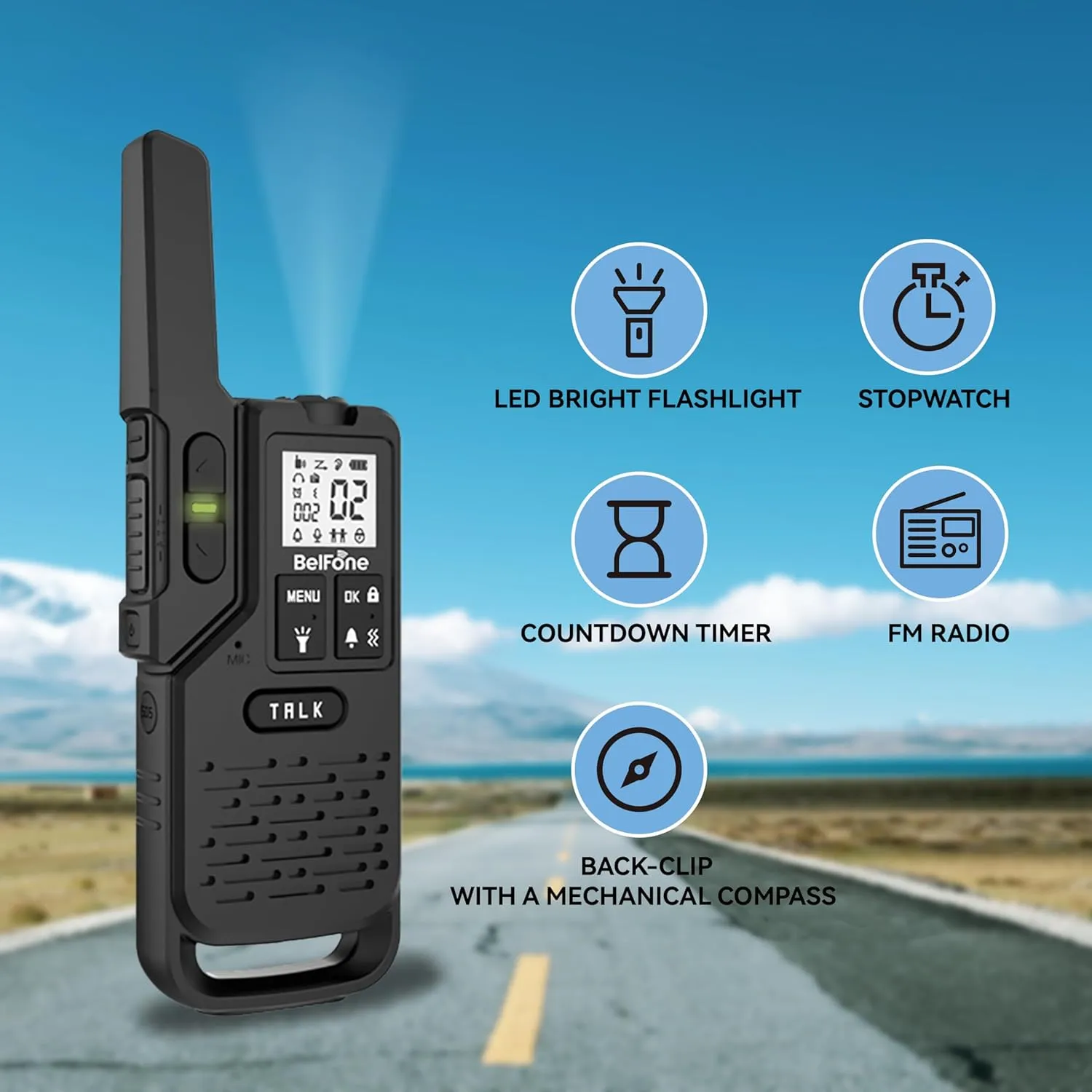 One BelFone Long Range Walkie Talkie,20 Channels Professional Two Way Radio,IP54 Waterproof Walkie Talkies for Adults,with Flashlight, Stopwatch,Compass,Radio and SOS Sire,Support VOX Function