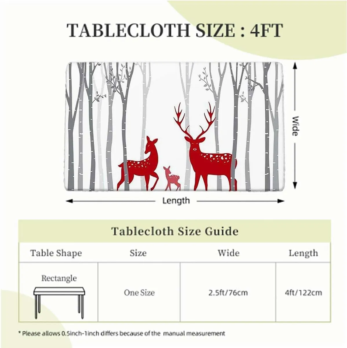 OOzie White Red Elastic Edge Fitted Tablecloth, Deer Tree Forest with Red Holiday Theme Folding Table Cover Rectangle Polyester ?Tablecloth for Picnic Party Antlers Fits up 4 Foot Tables