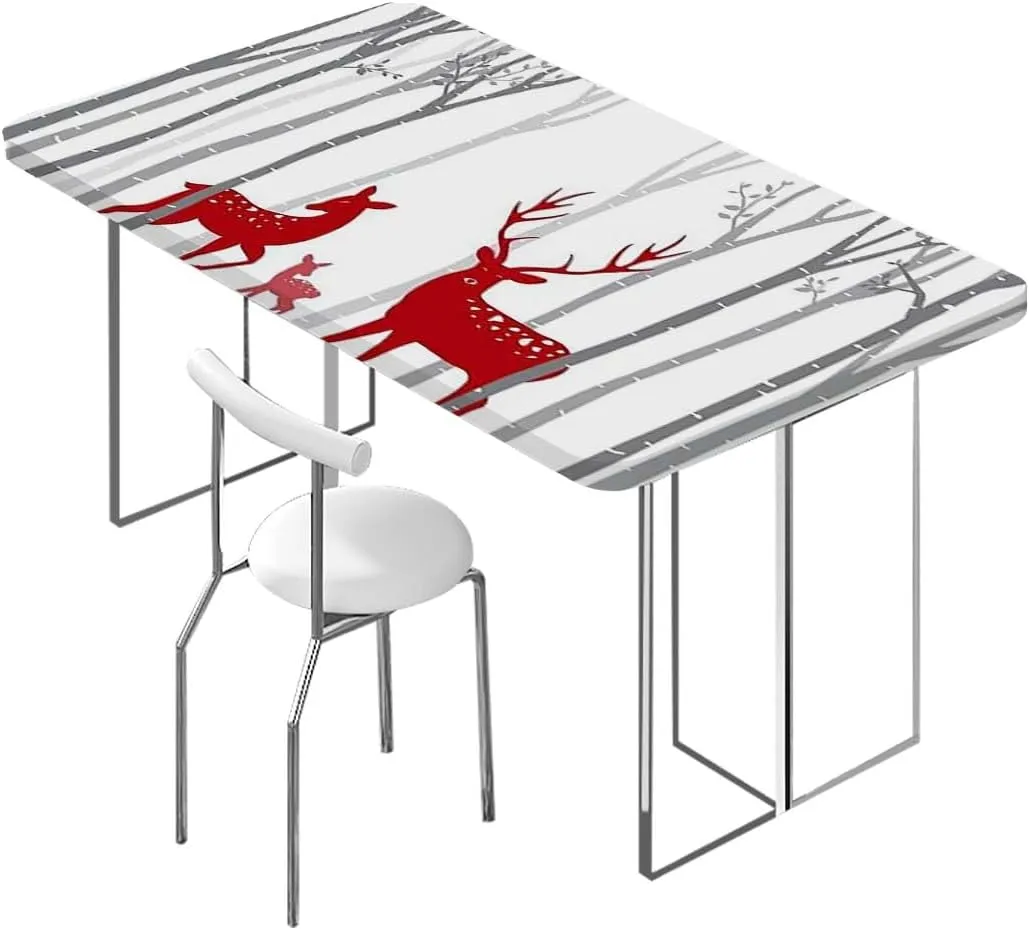 OOzie White Red Elastic Edge Fitted Tablecloth, Deer Tree Forest with Red Holiday Theme Folding Table Cover Rectangle Polyester ?Tablecloth for Picnic Party Antlers Fits up 4 Foot Tables