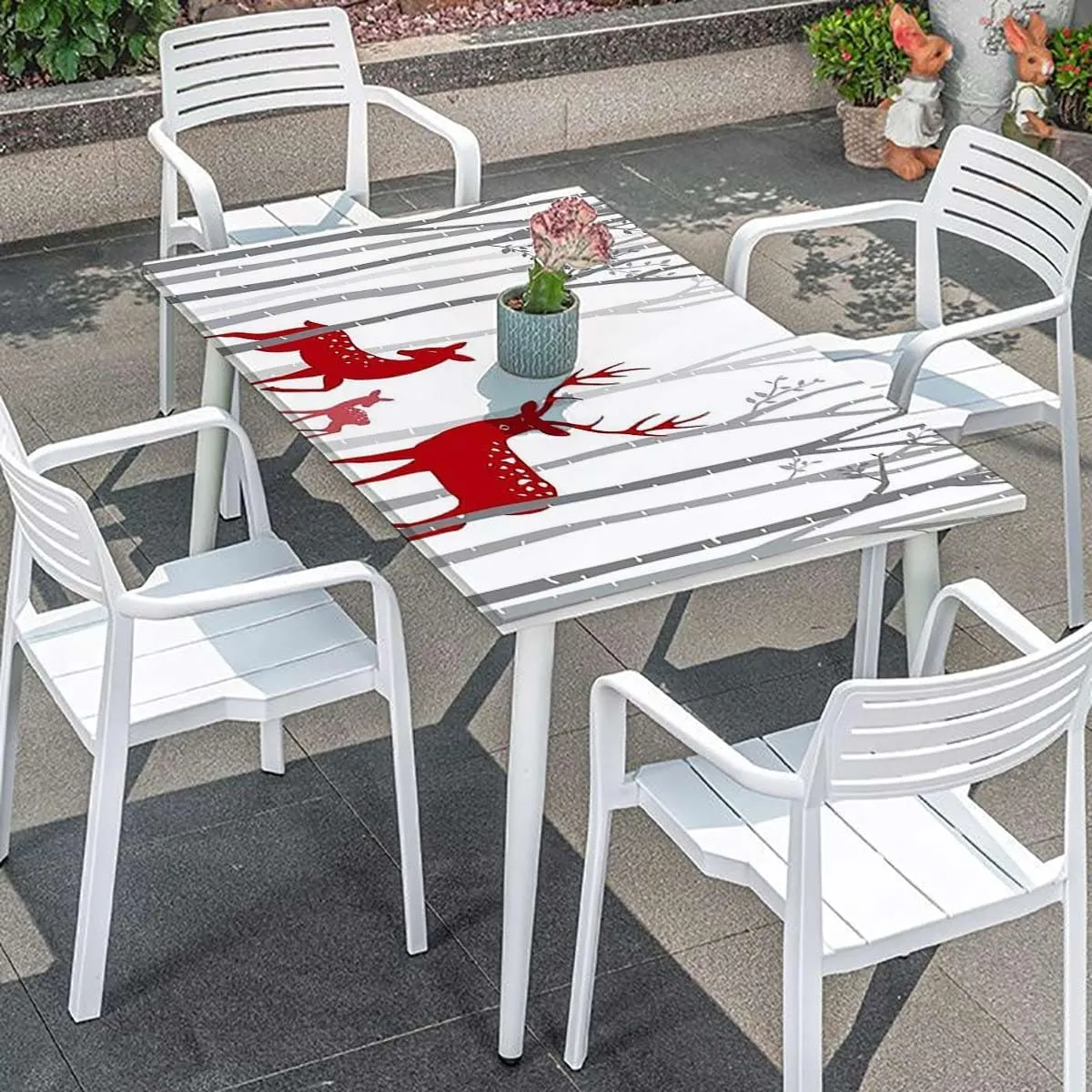 OOzie White Red Elastic Edge Fitted Tablecloth, Deer Tree Forest with Red Holiday Theme Folding Table Cover Rectangle Polyester ?Tablecloth for Picnic Party Antlers Fits up 4 Foot Tables