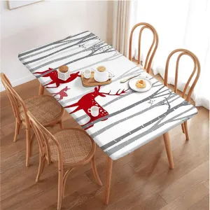 OOzie White Red Elastic Edge Fitted Tablecloth, Deer Tree Forest with Red Holiday Theme Folding Table Cover Rectangle Polyester ?Tablecloth for Picnic Party Antlers Fits up 4 Foot Tables