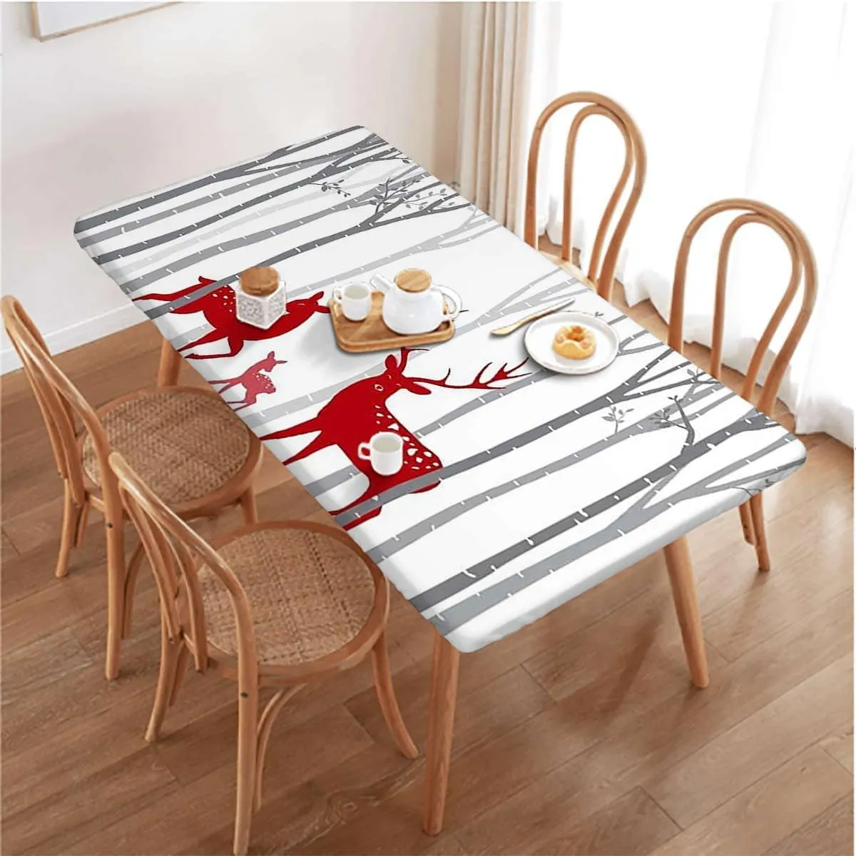 OOzie White Red Elastic Edge Fitted Tablecloth, Deer Tree Forest with Red Holiday Theme Folding Table Cover Rectangle Polyester ?Tablecloth for Picnic Party Antlers Fits up 4 Foot Tables