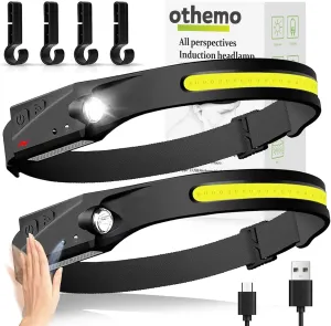 Othemo230 LED Headlamp, 230° Wide Beam Head Lamp, Motion Sensor LED Headlamp Rechargeable, 5Mode Headlamps for Adults, Bright Head Lights for Forehead, Hard Hat Headlight, Camping Essentials Gear 2Pcs