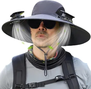 Outdoor Wide Brim Sun Hats for Women Men with 2 Solar Powered Fan Sun Hat UPF 50 ,Fishing,Beach,Climbing,Gardening Hat.