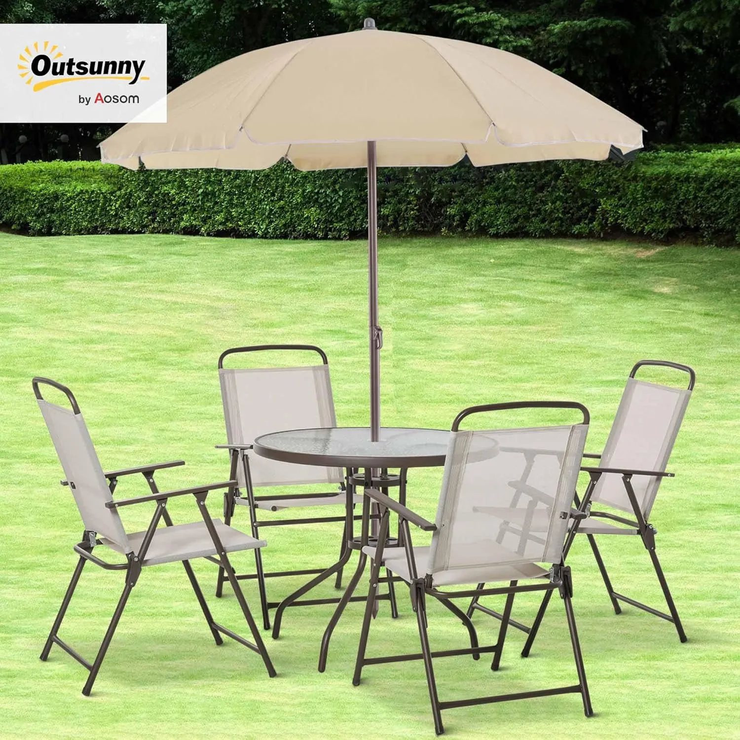 Outsunny 6 Piece Patio Dining Set for 4 with Umbrella, Outdoor Table and Chairs with 4 Folding Dining Chairs & Round Glass Table for Garden, Backyard and Poolside, Beige