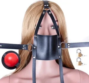 Panel Mouth Gag Harness Gag - Davidsource Panel Gag with Silicone Solid Ball Gag Lockable Leather Head Harness Bondage Gag BDSM Kit (Padlock 2 Pieces)