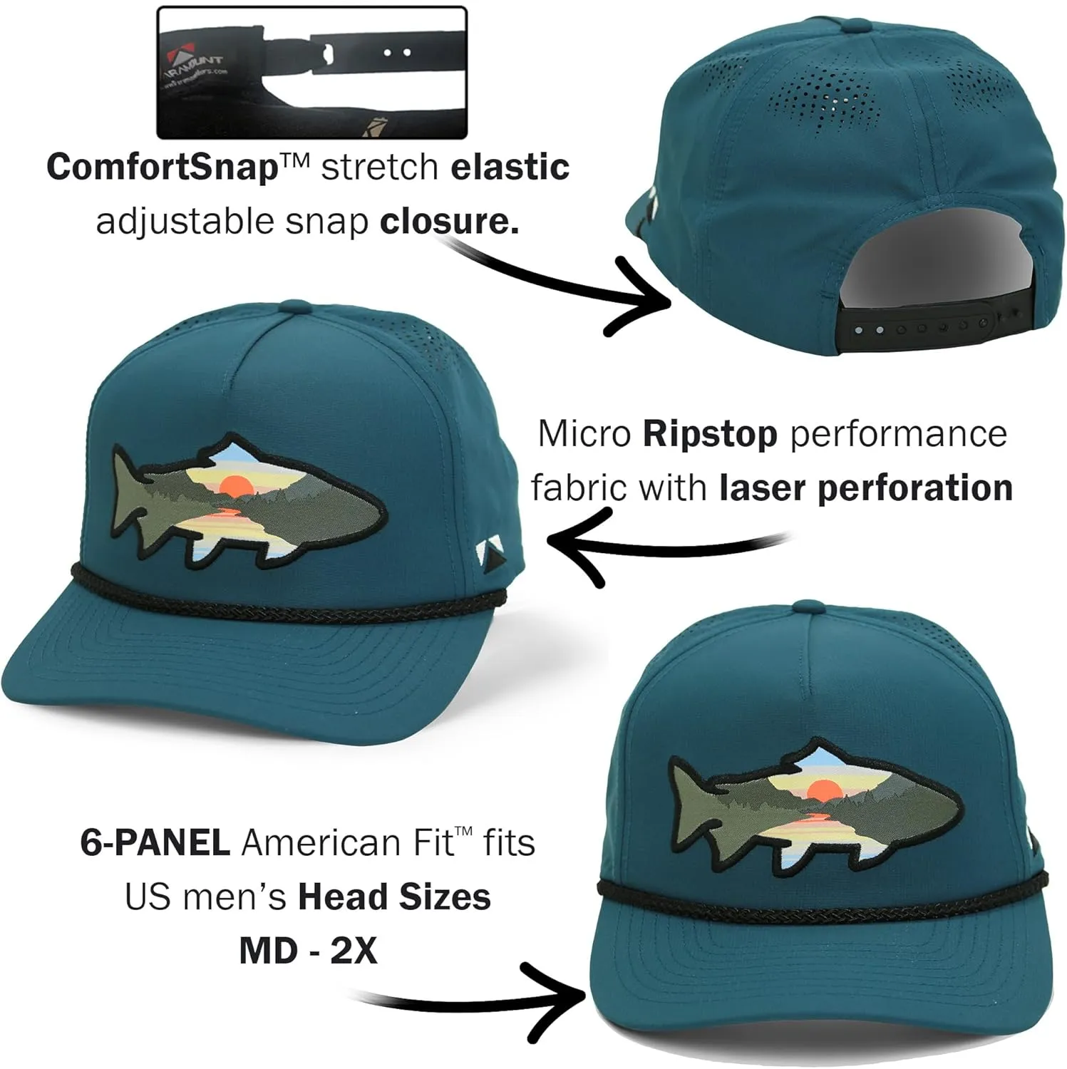 Paramount Outdoors Sunset Trout Fishing Hat Mountain Fish Silhouette Performance Outdoor Hat with Comfort Snapback
