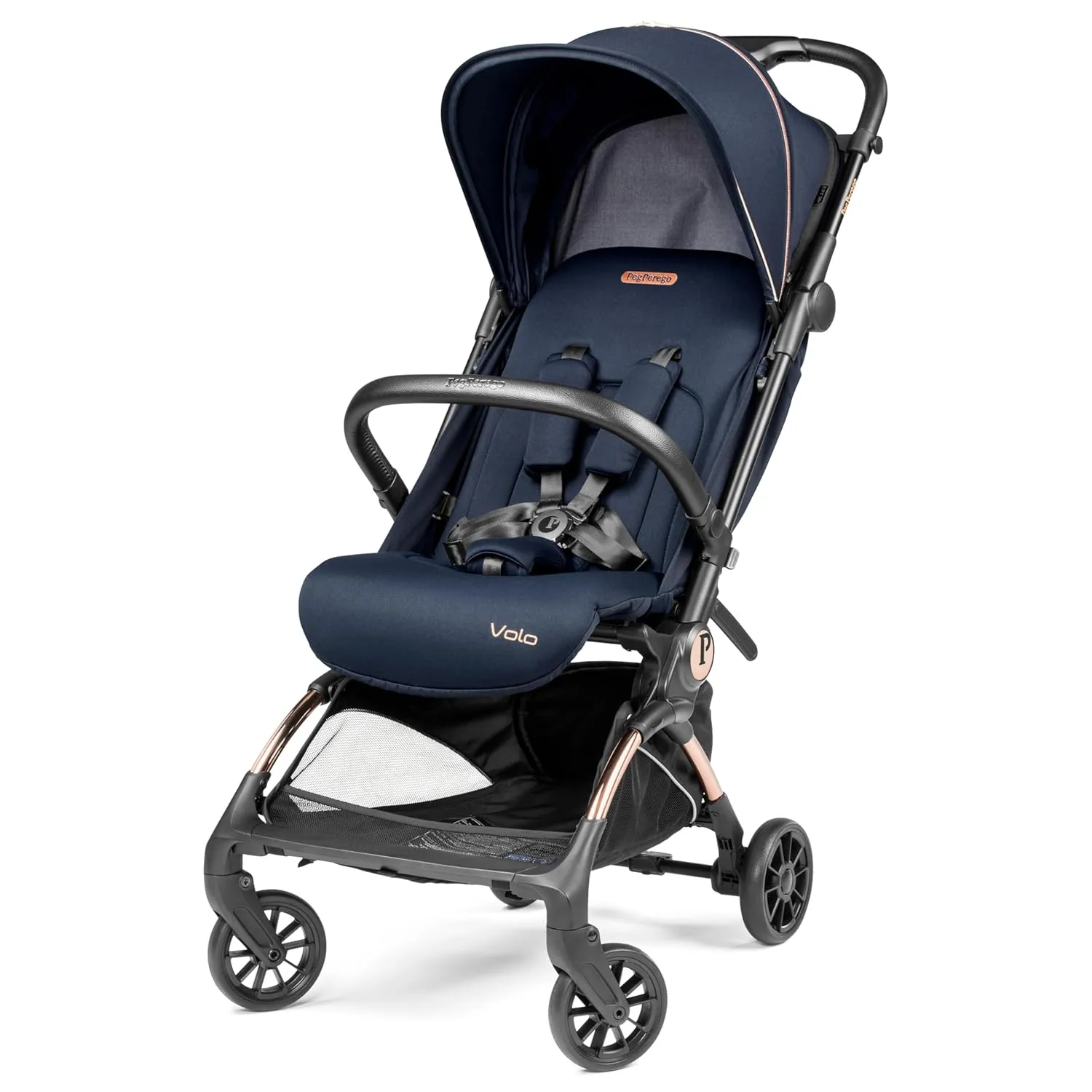 Peg Perego Volo, Ultra Lightweight Carry On Compliant Travel Stroller, Adjustable Features & Reclining Seat - Designed for Everyday Comfort from Newborn to 50lbs, Blue Shine (Blue & Copper)