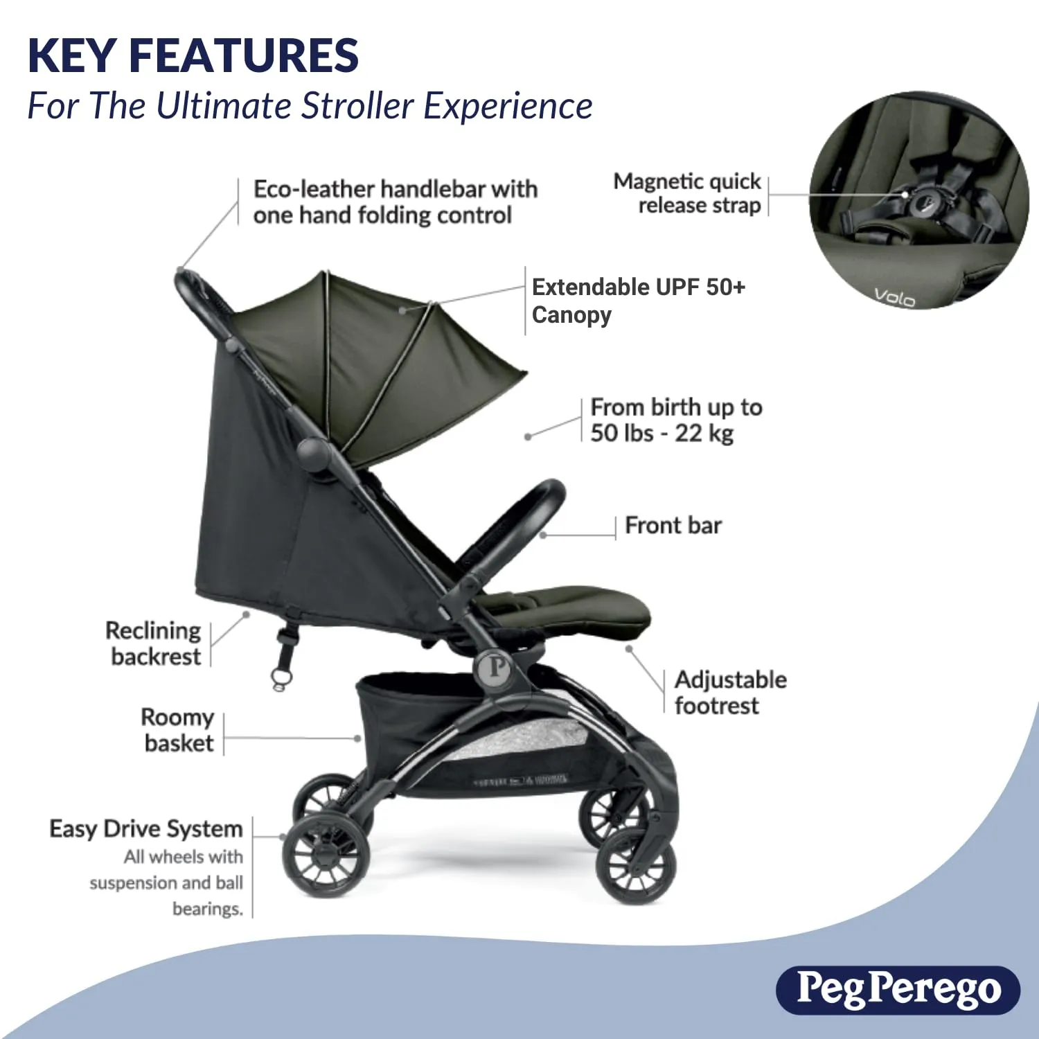Peg Perego Volo, Ultra Lightweight Carry On Compliant Travel Stroller, Adjustable Features & Reclining Seat - Designed for Everyday Comfort from Newborn to 50lbs, Blue Shine (Blue & Copper)
