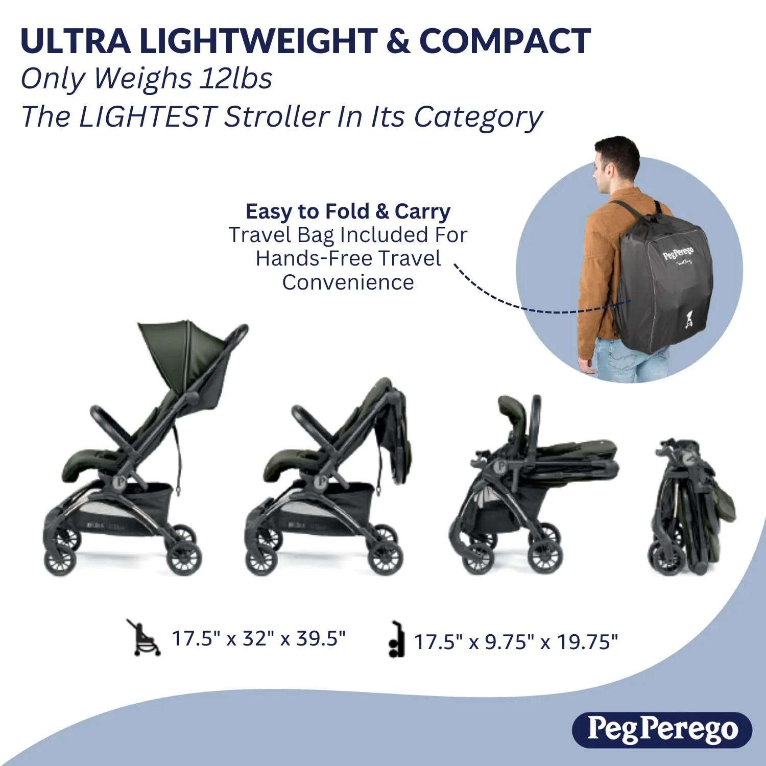 Peg Perego Volo, Ultra Lightweight Carry On Compliant Travel Stroller, Adjustable Features & Reclining Seat - Designed for Everyday Comfort from Newborn to 50lbs, Blue Shine (Blue & Copper)