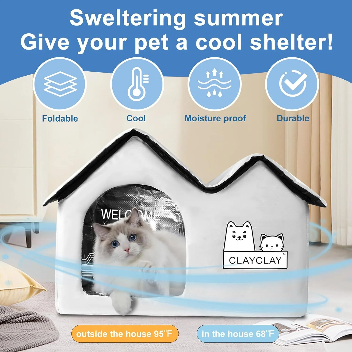 Pet Cooling House with Air Conditioning 10 Ice Packs，Summer Shelter for Indoor Outdoor Feral Cats & Small Dogs with Winter Heating Pad，Suitable for All Seasons
