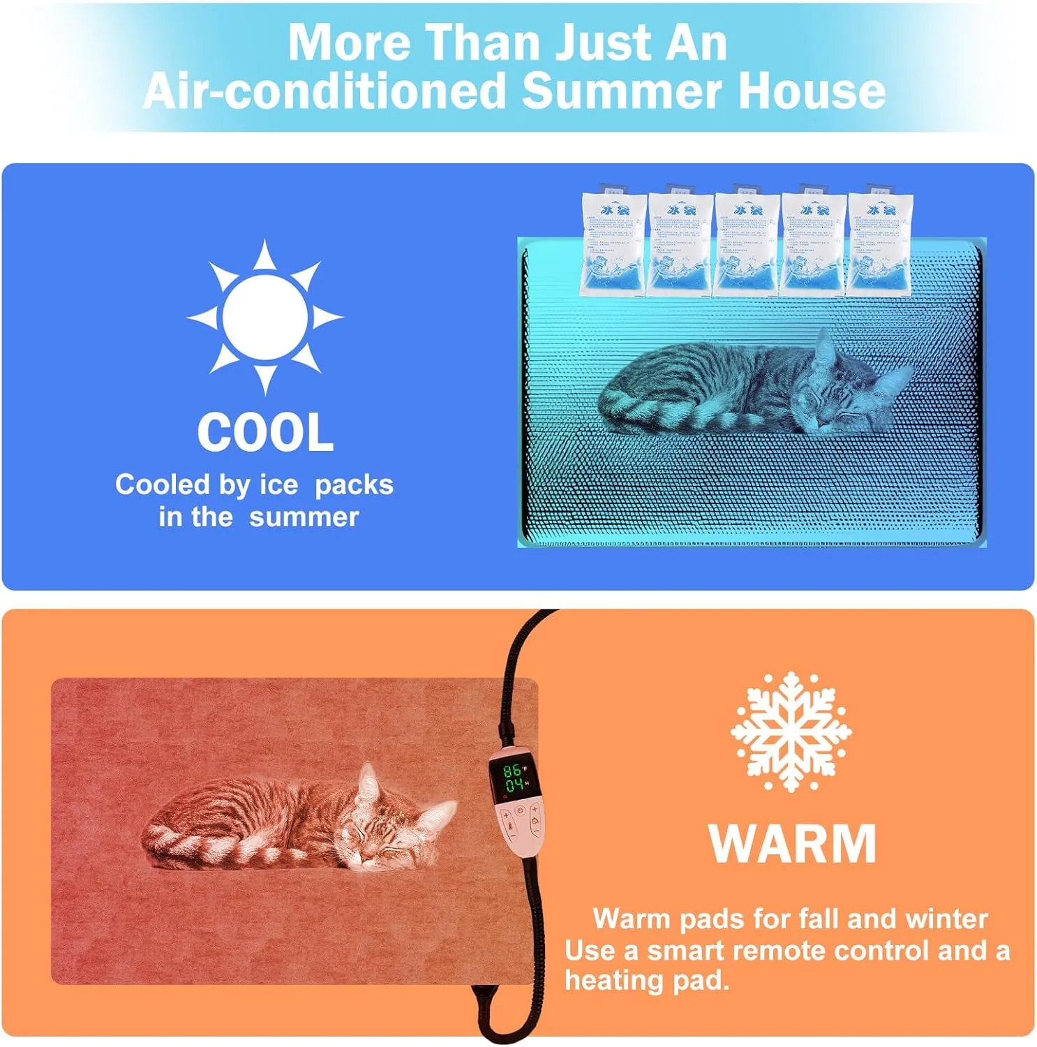 Pet Cooling House with Air Conditioning 10 Ice Packs，Summer Shelter for Indoor Outdoor Feral Cats & Small Dogs with Winter Heating Pad，Suitable for All Seasons