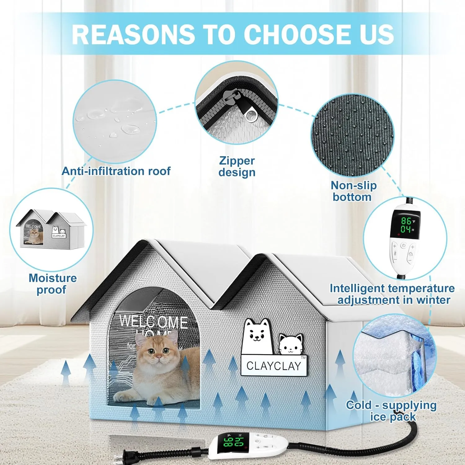 Pet Cooling House with Air Conditioning 10 Ice Packs，Summer Shelter for Indoor Outdoor Feral Cats & Small Dogs with Winter Heating Pad，Suitable for All Seasons