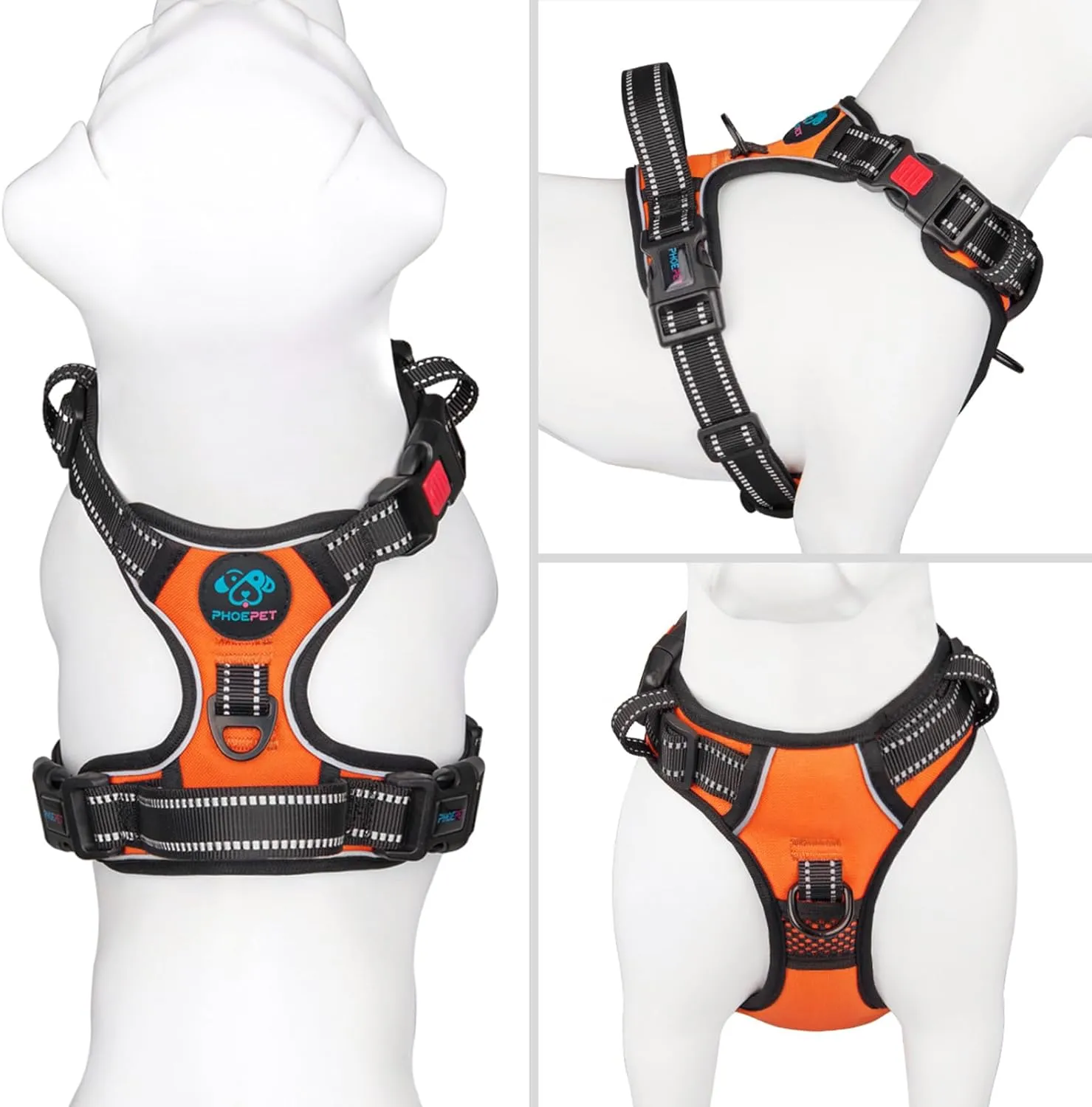 PHOEPET Reflective Dog Harness Large Breed Adjustable No Pull Vest with Handle 2 Metal Rings 3 Buckles [Easy to Put on & Take Off](XL, Orange)