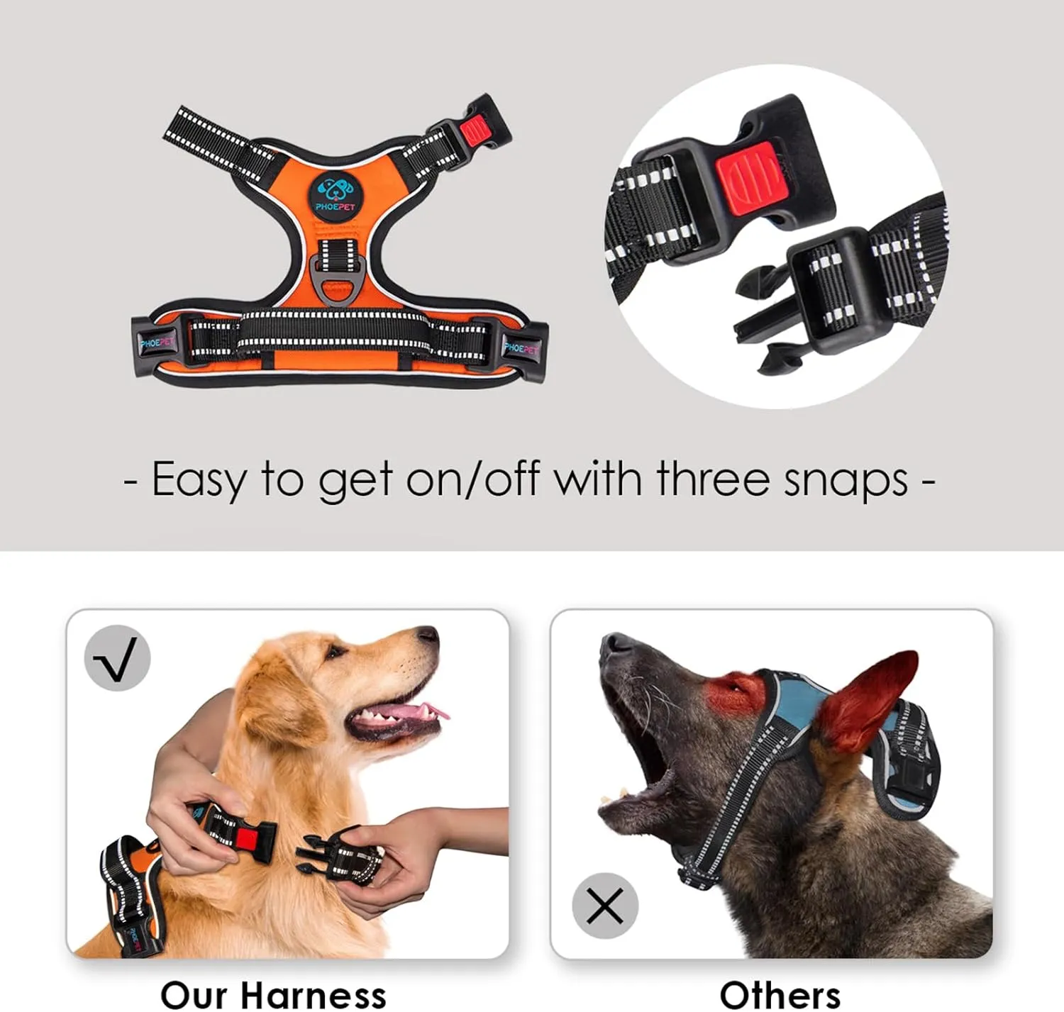 PHOEPET Reflective Dog Harness Large Breed Adjustable No Pull Vest with Handle 2 Metal Rings 3 Buckles [Easy to Put on & Take Off](XL, Orange)