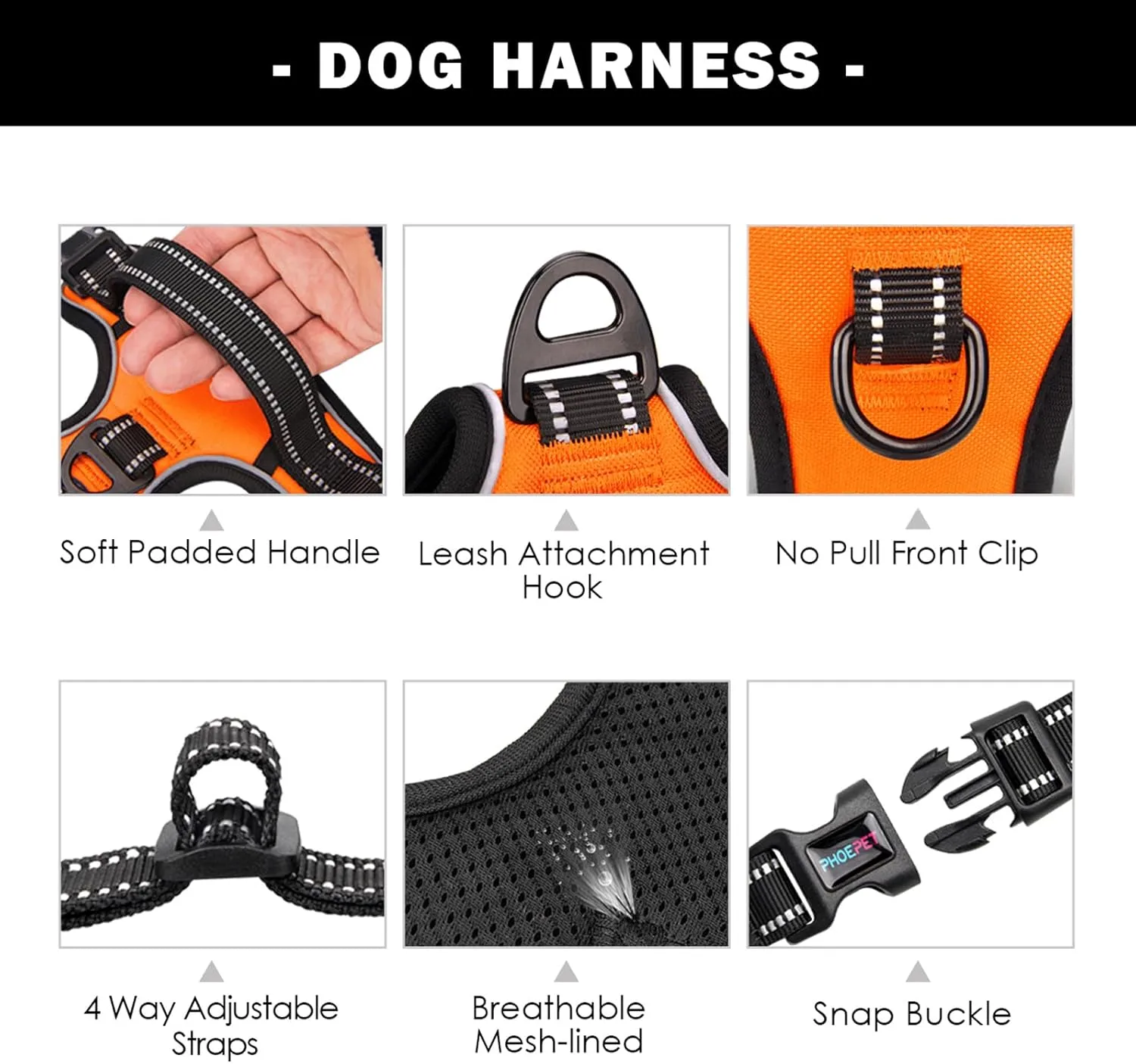 PHOEPET Reflective Dog Harness Large Breed Adjustable No Pull Vest with Handle 2 Metal Rings 3 Buckles [Easy to Put on & Take Off](XL, Orange)