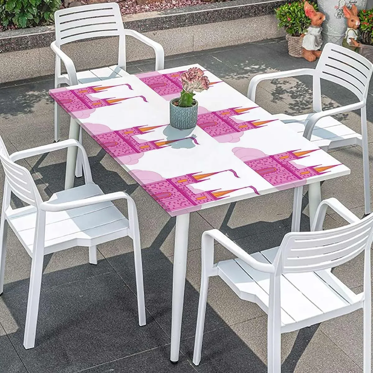 Pink White Fitted Tablecloth for Rectangle Table Princess Castle Cute Fairy Tale Cartoon Waterproof Wipeable Table Cloth Protector Fantasy Fits up 4 Foot Tables